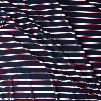 Red, White, and Navy Blue Horizontal Pencil Stripe Stretch Rayon/Spandex Jersey #32182 Fabric By The Yard - Wide shot