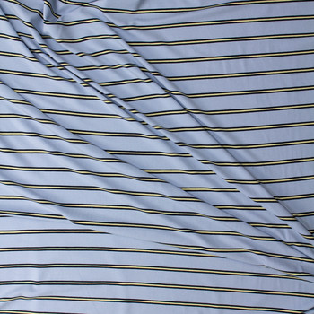 Yellow, Navy, and Sky Blue Horizontal Pencil Stripe Stretch Rayon/Spandex Jersey #32183 Fabric By The Yard - Wide shot