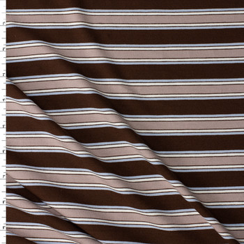 Tan, Sky, and Ivory Horizontal Stripe on Brown Stretch Rayon/Spandex Jersey #32184 Fabric By The Yard