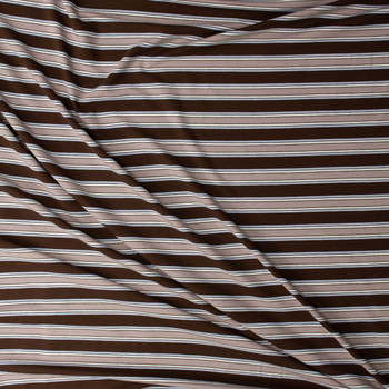 Tan, Sky, and Ivory Horizontal Stripe on Brown Stretch Rayon/Spandex Jersey #32184 Fabric By The Yard - Wide shot