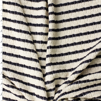 Navy on Offwhite Horizontal Stripe Stretch Pucker Knit #32188 Fabric By The Yard