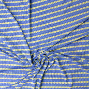 Yellow on Sky Blue Horizontal Stripe Stretch Pucker Knit #32190 Fabric By The Yard - Wide shot
