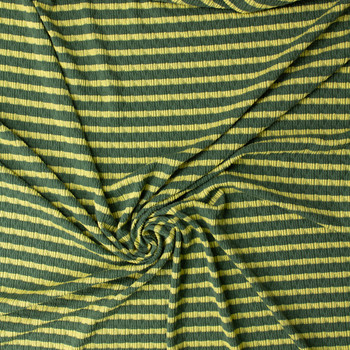 Lemon Yellow on Olive Horizontal Stripe Stretch Pucker Knit #32193 Fabric By The Yard - Wide shot