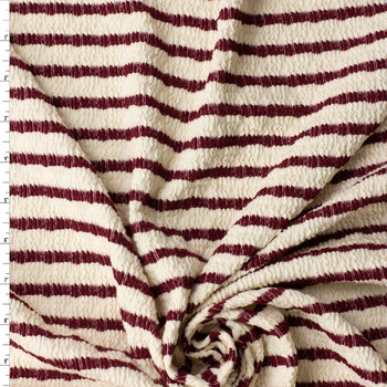 Wine on Offwhite Horizontal Stripe Stretch Pucker Knit #32194 Fabric By The Yard