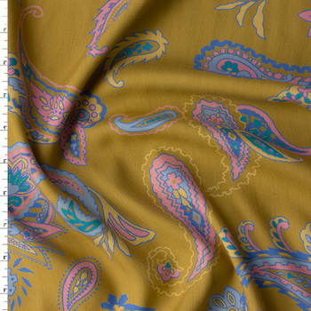 Pink and Blue Paisley on Muted Mustard Japanese Silk/Viscose Twill #32293 Fabric By The Yard
