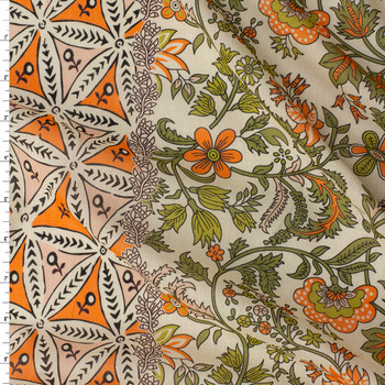 Orange and Olive Boho Retro Stripe on Ivory Cotton Swiss Dot #32297 Fabric By The Yard