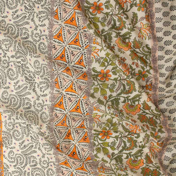 Orange and Olive Boho Retro Stripe on Ivory Cotton Swiss Dot #32297 Fabric By The Yard - Wide shot