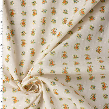 Orange and Olive on Ivory Mini Floral Cotton Voile #32298 Fabric By The Yard