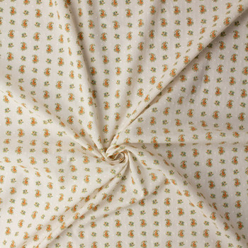 Orange and Olive on Ivory Mini Floral Cotton Voile #32298 Fabric By The Yard - Wide shot