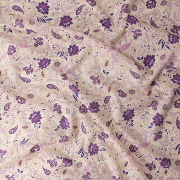 Dusty Plum and Lavender Boho Floral on Ivory Cotton Voile #32299 Fabric By The Yard - Wide shot