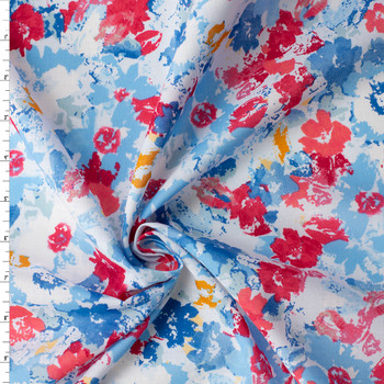 Red, Slate, and Sky Watercolor Floral on White Cotton Voile #32300 Fabric By The Yard