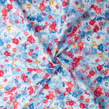 Red, Slate, and Sky Watercolor Floral on White Cotton Voile #32300 Fabric By The Yard - Wide shot
