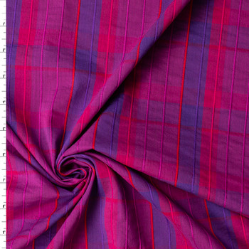 Magenta, Red, and Purple Plaid  Italian Texture Striped Stretch Lightweight Cotton Woven #32301 Fabric By The Yard