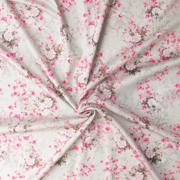 Pink Blossom Branches on Silver Shirtweight Cotton Sateen #32322 Fabric By The Yard - Wide shot