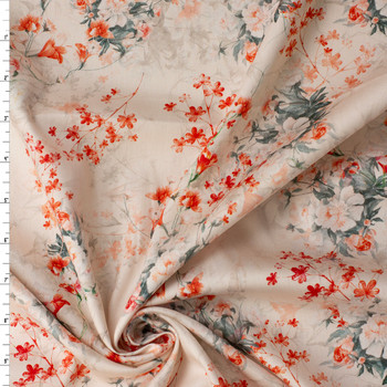 Orange Blossom Branches on Peach Shirtweight Cotton Sateen #32324 Fabric By The Yard