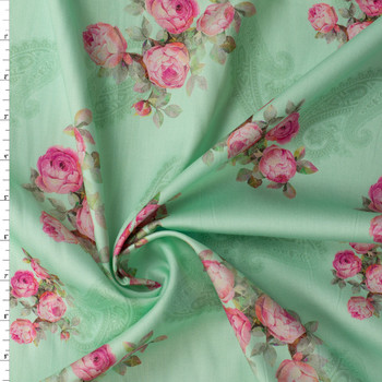 Pink Cabbage Rose Paisley on Mint Shirtweight Cotton Sateen #32325 Fabric By The Yard