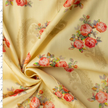 Peach Cabbage Rose Paisley on Soft Yellow Shirtweight Cotton Sateen #32326 Fabric By The Yard