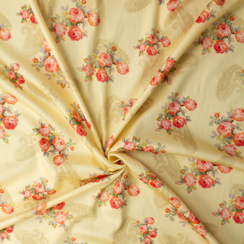 Peach Cabbage Rose Paisley on Soft Yellow Shirtweight Cotton Sateen #32326 Fabric By The Yard - Wide shot