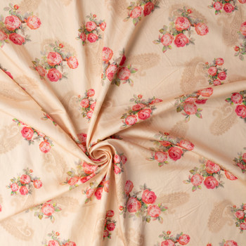 Pink Cabbage Rose Paisley on Blush Shirtweight Cotton Sateen #32327 Fabric By The Yard - Wide shot