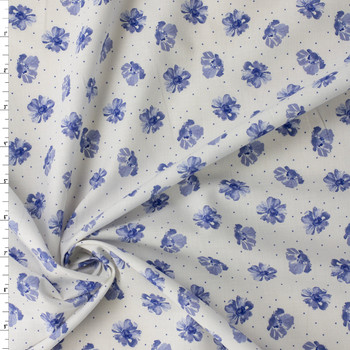 Blue Dots and Flowers on White Rayon Challis #32328 Fabric By The Yard