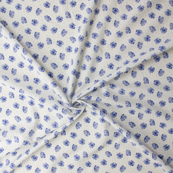 Blue Dots and Flowers on White Rayon Challis #32328 Fabric By The Yard - Wide shot