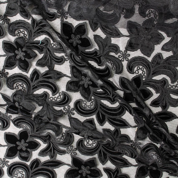 Black Swirling Floral Floral Chenille Corded Mesh Lace #32352 Fabric By The Yard - Wide shot