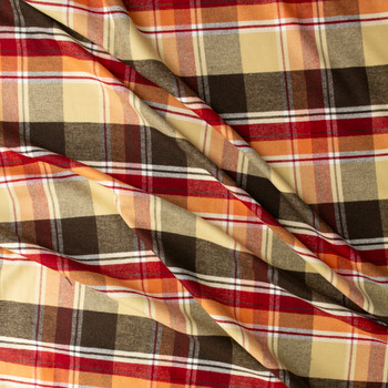 Scarlet, Brown, and Cream Tartan Plaid Twill Weave Single Nap Cotton Flannel #32366 Fabric By The Yard - Wide shot