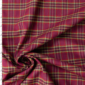Cranberry, Crimson, and Yellow Tartan Plaid Stretch Wool/Rayon #32369 Fabric By The Yard