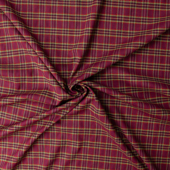 Cranberry, Crimson, and Yellow Tartan Plaid Stretch Wool/Rayon #32369 Fabric By The Yard - Wide shot