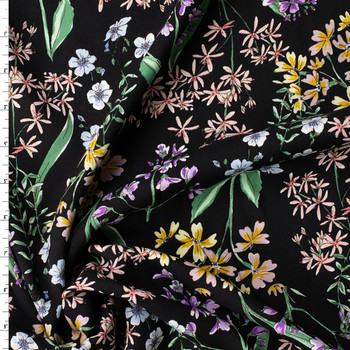Wildflower Floral on Black Rayon Challis #32390 Fabric By The Yard