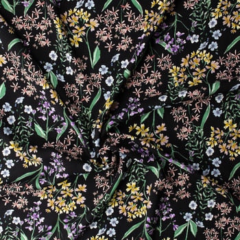 Wildflower Floral on Black Rayon Challis #32390 Fabric By The Yard - Wide shot