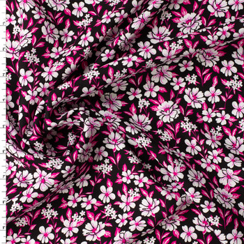 Hot Pink and White Floral on Black Rayon Challis #32391 Fabric By The Yard