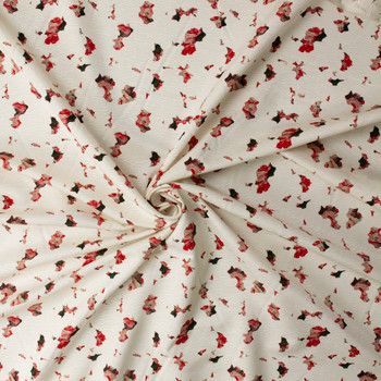 Red, Wine, and Black Abstract Floral on Ivory Silk/Viscose Jaquard #32402 Fabric By The Yard - Wide shot