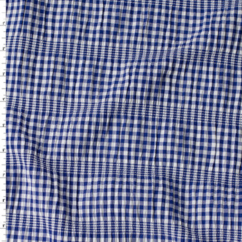 Blue and White Gingham Gathered Stretch Seersucker #32505 Fabric By The Yard