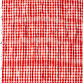 Red and White Gingham Gathered Stretch Seersucker #32506 Fabric By The Yard