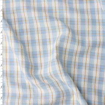 Sky Blue, Offwhite, and Caramel Plaid Seersucker #32509 Fabric By The Yard