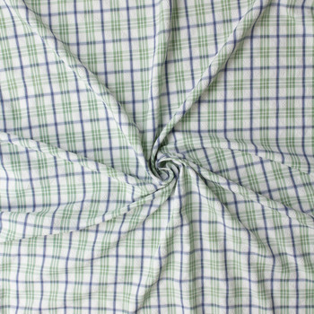Sage, Navy, and White Plaid Poly/Rayon Seersucker #32527 Fabric By The Yard - Wide shot