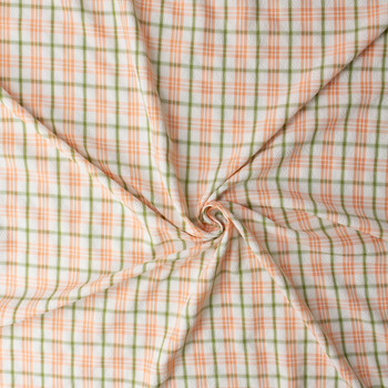 Coral, Olive, and White Plaid Poly/Rayon Seersucker #32528 Fabric By The Yard - Wide shot