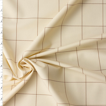 Brown on Ivory Windowpane Check Stretch Viscose/Polyester Suiting #32539 Fabric By The Yard