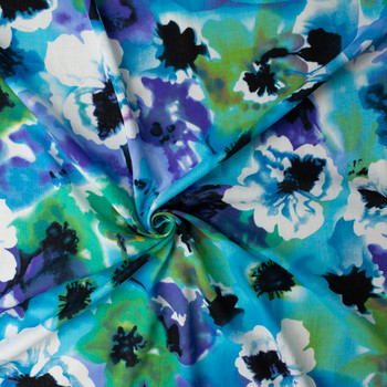 Turquoise and Blue Watercolor Floral Cotton Gauze #32566 Fabric By The Yard - Wide shot