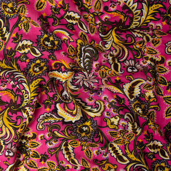 Black and Yellow Scrollwork on Hot Pink Cotton Gauze #32567 Fabric By The Yard - Wide shot