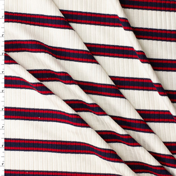 Navy and Red Stripe on White Stretch Viscose Wide Rib Knit #32571 Fabric By The Yard