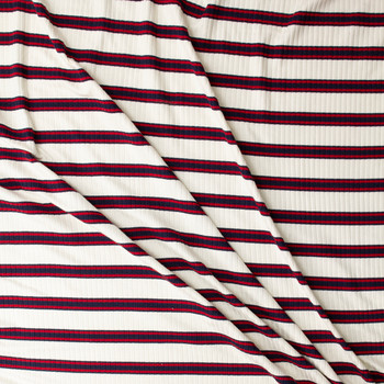 Navy and Red Stripe on White Stretch Viscose Wide Rib Knit #32571 Fabric By The Yard - Wide shot