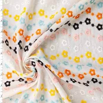 Colorful Waving Floral Italian Embroidered Cotton Voile #32580 Fabric By The Yard