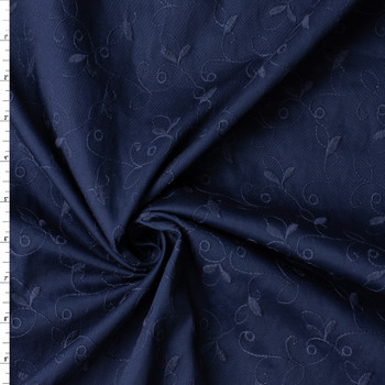 Navy Leafy Scrollwork Italian Embroidered Stretch Cotton Poplin #32592 Fabric By The Yard