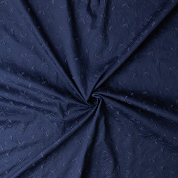 Navy Leafy Scrollwork Italian Embroidered Stretch Cotton Poplin #32592 Fabric By The Yard - Wide shot