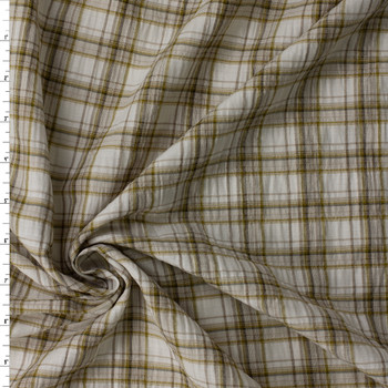Tan, Olive, and Ivory Plaid Italian Cotton Seersucker #32604 Fabric By The Yard