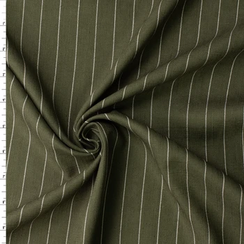 White on Olive Vertical Pinstripe Italian Linen/Cotton #32613 Fabric By The Yard