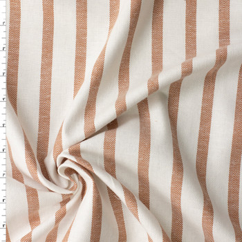 Burnt Orange on Offwhite Vertical Stripe Italian Herringbone Textured Cotton/Linen Blend #32616 Fabric By The Yard