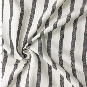 Black on Offwhite Vertical Stripe Italian Herringbone Textured Cotton/Linen Blend #32618 Fabric By The Yard